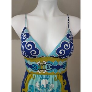 Trina Turk 100% Silk Dress Blue Green Psychedelic Print Empire Waist Size 2 Sexy